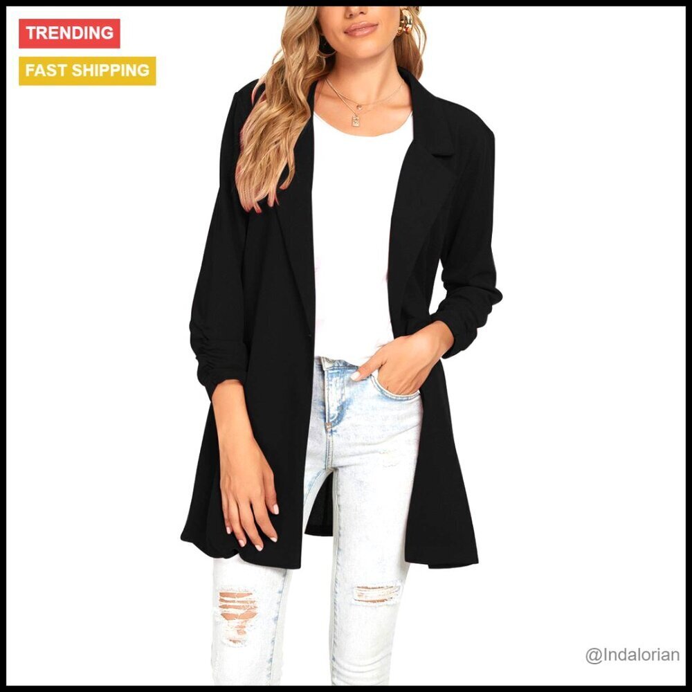 Ruched 3/4 Sleeve Blazer Lightweight Slim Lapel Open Front Oversized Work Jacket